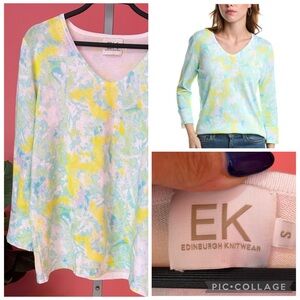 Edinburgh Knitwear (EK) 3/4 Sleeve V-Neck Watercolor Sweater Size Small